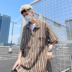 复古竖条纹针织短袖衬衣男夏季潮流宽松半袖衬衫休闲，男装衬衫，星座716-4