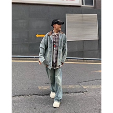 美式复古pu皮拼接牛仔外套男女春秋冬潮牌街头宽松BF翻领工装夹克，男装工装外套，四季星座505