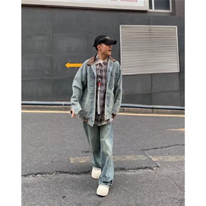 美式复古pu皮拼接牛仔外套男女春秋冬潮牌街头宽松BF翻领工装夹克图片