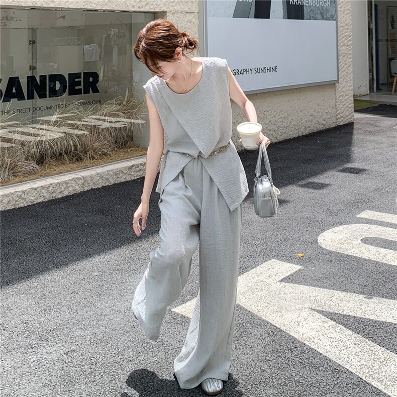 休闲气质盐系浅灰色无袖上衣阔腿裤套装女夏季ootd穿搭减龄两件套,女装套装/套裙,蝶眷