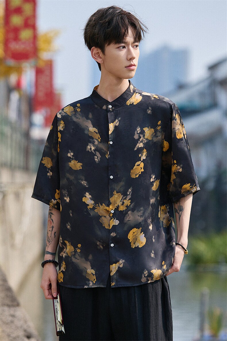 新中式提花风潮T恤短袖上衣立领衬衫时尚百搭T2501-P58,男装T恤,电商A227