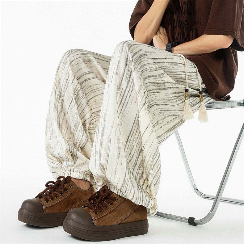 拉夏贝尔条纹缎面冰丝阔腿裤夏款显瘦垂感印花灯笼裤504-K250-P50,男装休闲裤,星座504