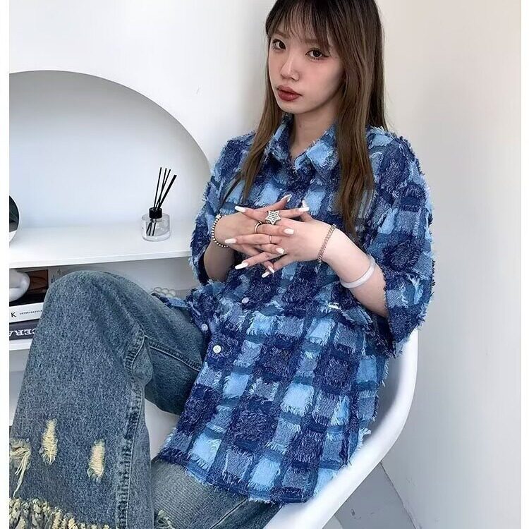 C93-P38格子美式半袖高街衬衫香风流苏高级痞帅衬衣休闲宽松,男装T恤,电商B323A