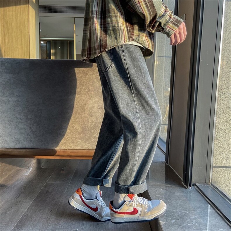 慵懒松弛感牛仔裤男款春秋季美式高街阔腿裤子潮牌百搭九分休闲裤,男装牛仔裤,电商A080
