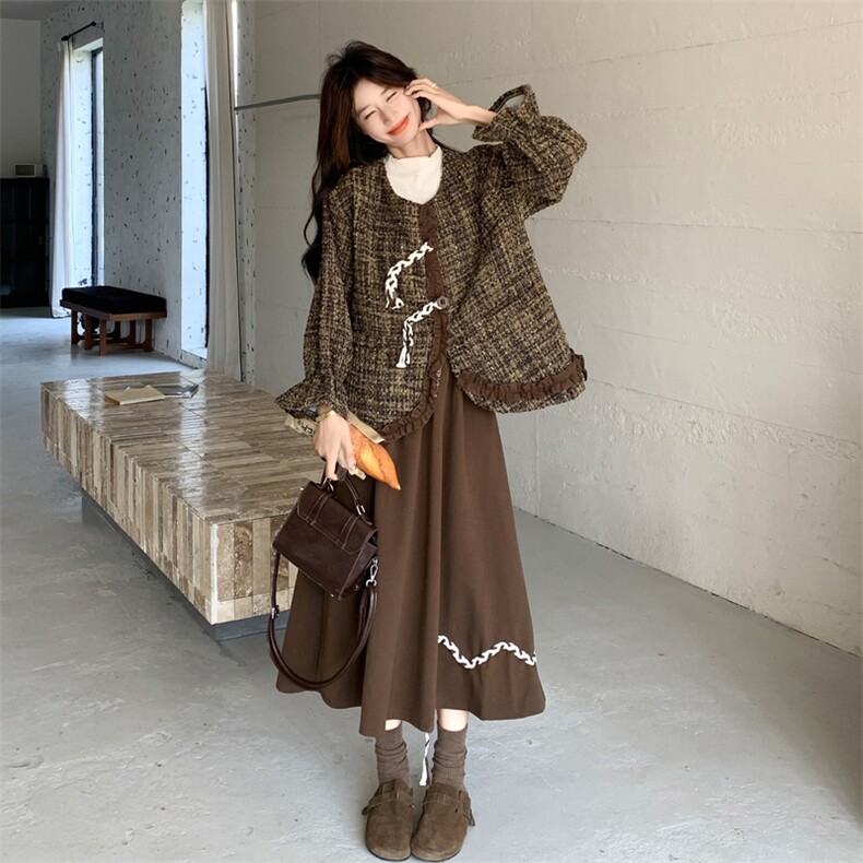 美拉德复古小香风套装裙女冬2025新款木耳边拼接外套半身裙两件套,女装套装/套裙,2C032