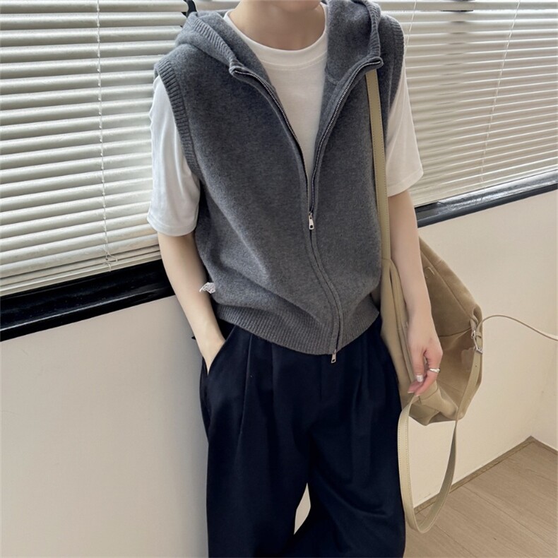 2024秋冬连帽拉链马甲开衫女宽松针织叠穿无袖羊毛坎肩大码潮,女装马甲,丽特绒