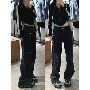 黑灰色宽松复古直筒牛仔裤女休闲女装显瘦美式高腰裤小个子秋阔腿图片