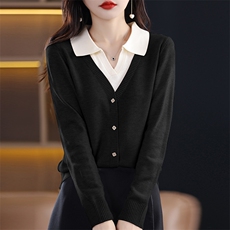 2023秋装新款上衣女时尚假两件衬衫毛衣女宽松显瘦翻领针织打底衫，女装针织衫/毛衣，佳绒包芯纱店