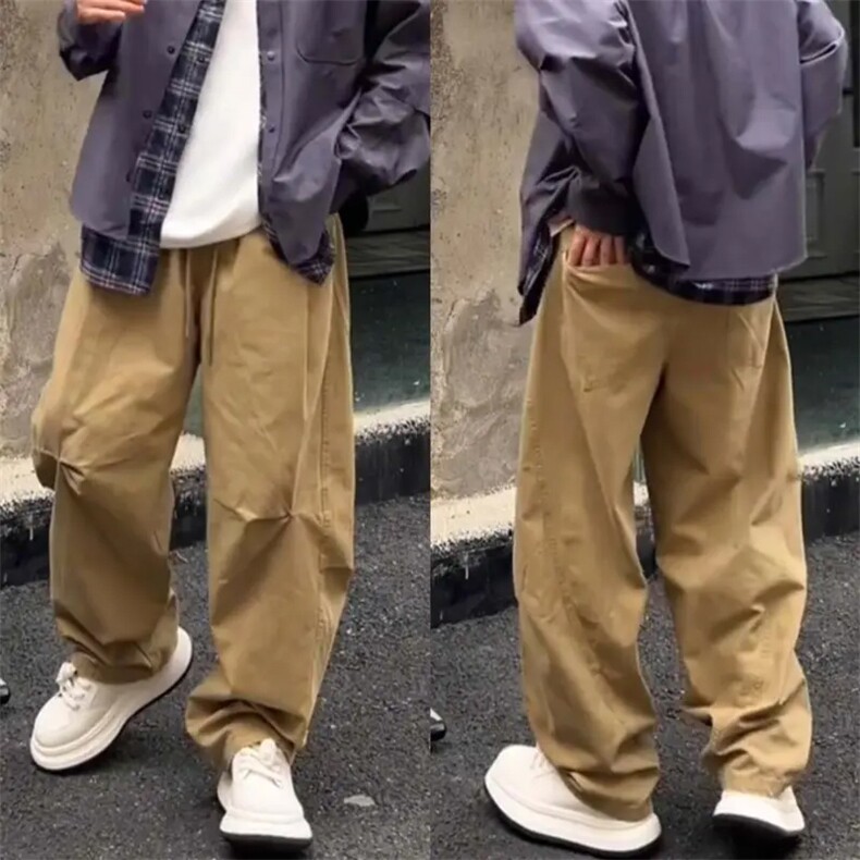 抖音得物纯色简约休闲裤男日系复古宽松束脚口袋装饰工装裤AK10,男装工装外套,电商A443
