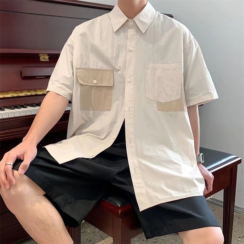 纯色简约港风短袖衬衫男夏季港风潮流百搭衬衣外搭外套W2588-P30,男装衬衫,星座412-3