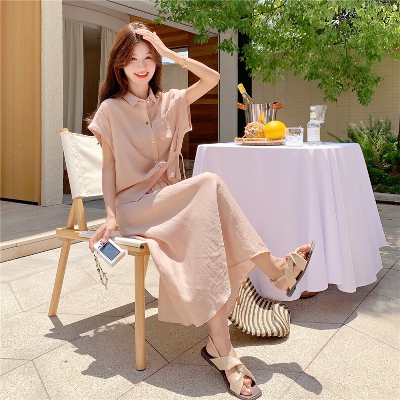 粉色设计感衬衫套装裙女2025夏季新款温柔系穿搭气质半身裙两件套,女装套装/套裙,2C176