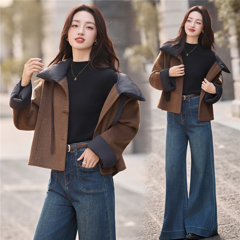 设计感翻领短款毛呢外套女2025秋冬新款宽松显瘦时尚双面羊毛大衣，女装双面呢大衣，丽美静依