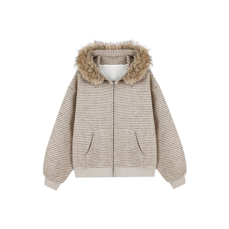 美式复古条纹连帽毛领卫衣男女秋季拉链开衫情侣上衣短款正肩外套，女装短外套，星座302B