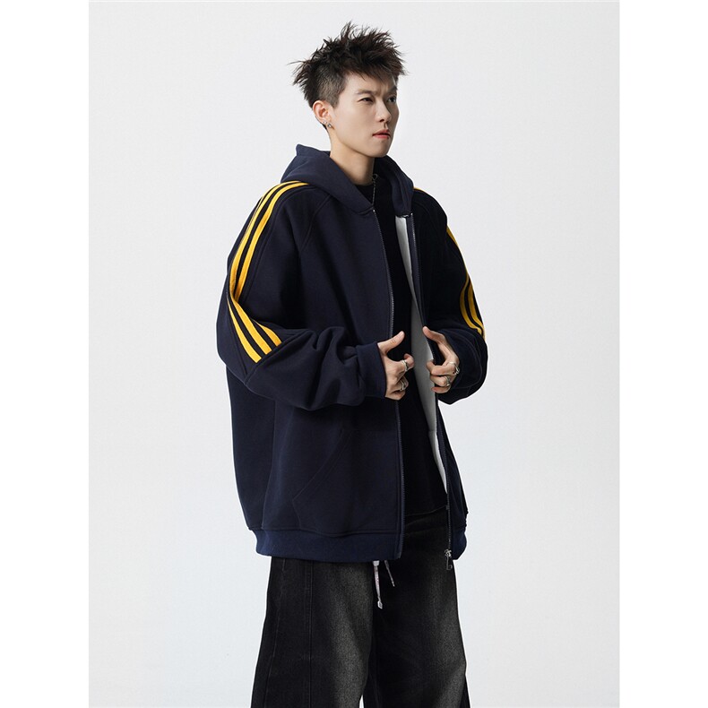 8XL-M秋冬美式运动三条杠条纹开衫卫衣连帽特大码宽松JK5206/P65,男装卫衣,电商B238