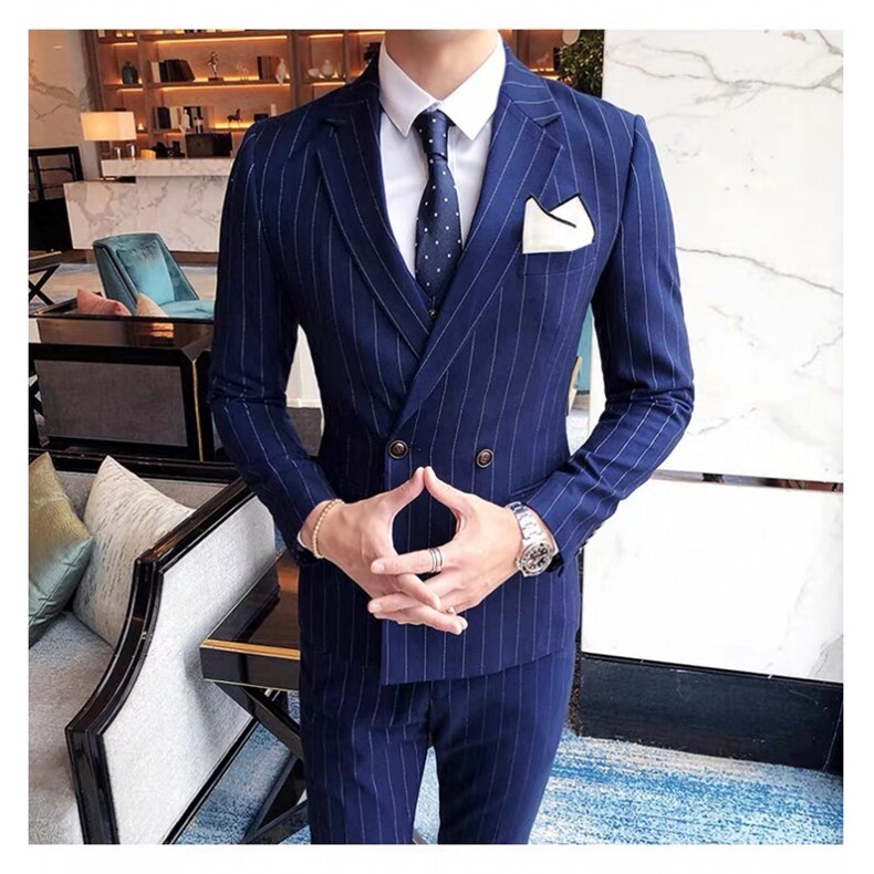 条纹两粒扣男西服套装三件套商务英伦西装7001-P285，男装西服套装，星座1012