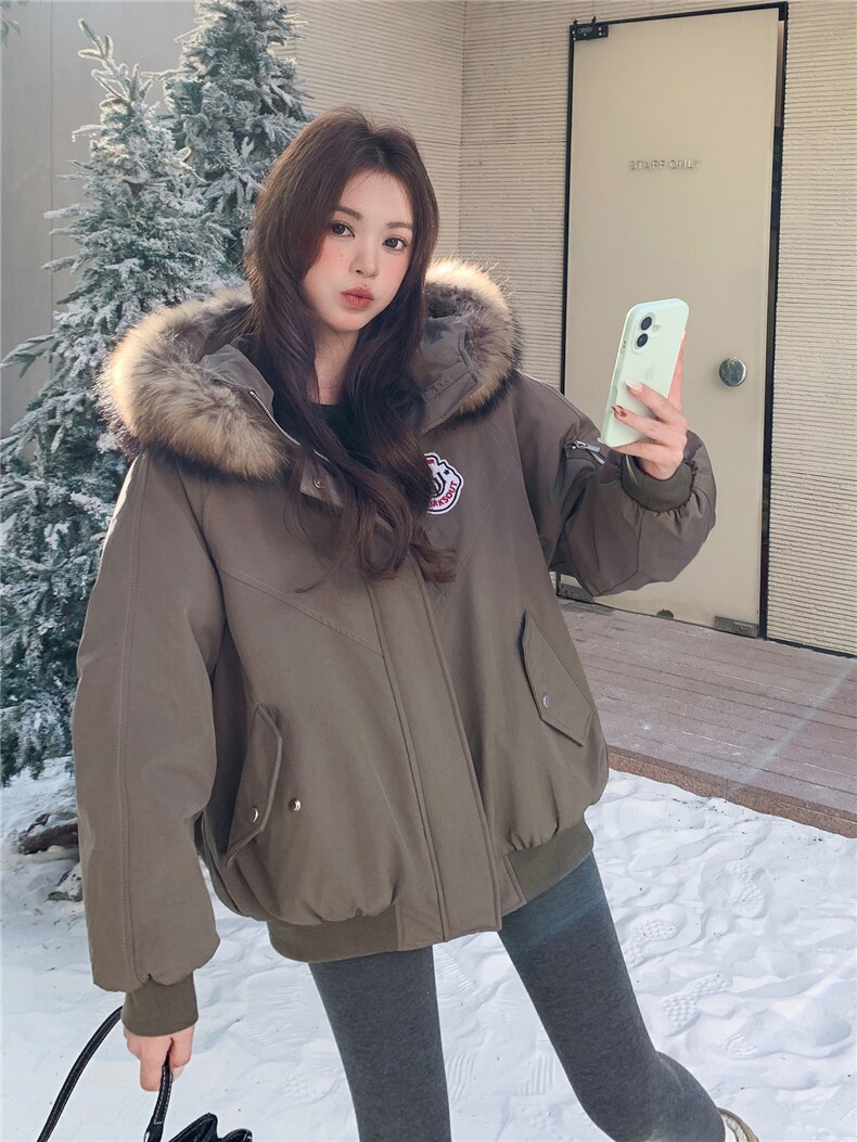 工装风大毛领羽绒服女短款2025冬季新款时尚加厚派克服军绿色外套,女装羽绒服,艾米莉亚