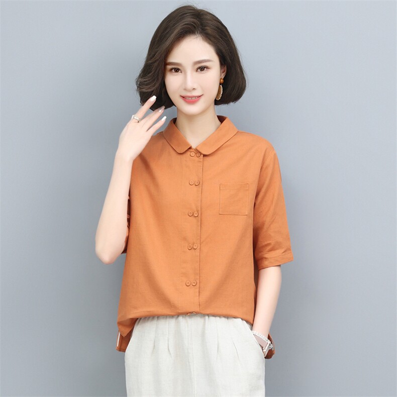棉麻衬衫女夏季薄款2024年新款复古宽松中年妈妈气质休闲亚麻上衣,女装T恤,璐依舞