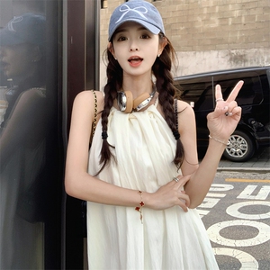 挂脖领露肩无袖连衣裙女夏2024新款设计感麻绳慵懒宽松显瘦长裙子图片