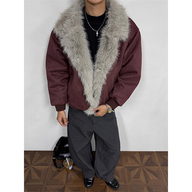 现货重磅硬挺boxy羽绒棉衣座山雕大毛毛领洗水麂皮棉服冬外套，男装棉衣，电商A443