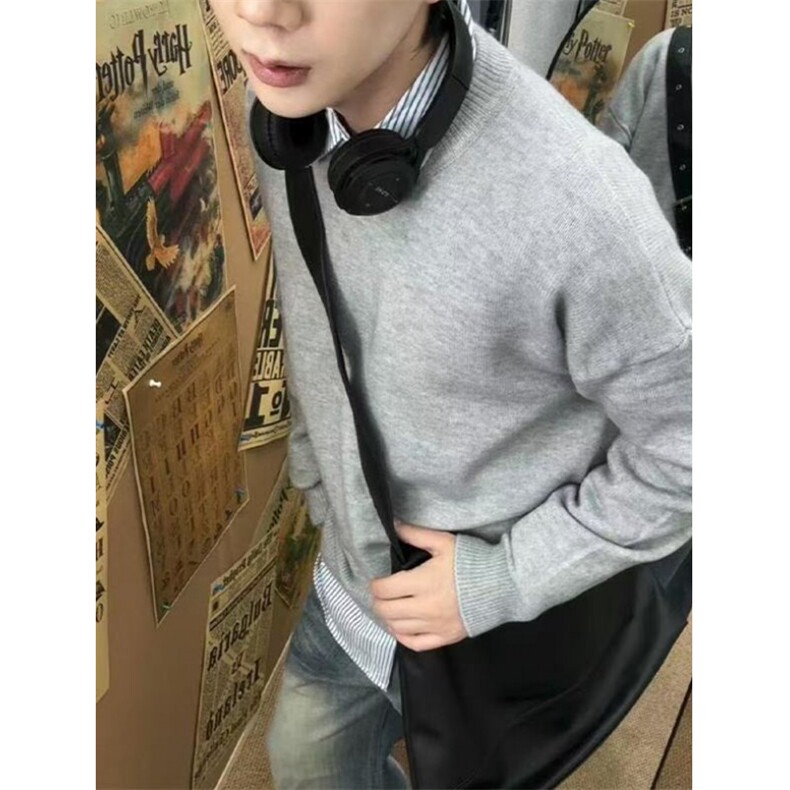 浅灰色圆领毛衣男款秋冬美式慵懒高级感针织衫内搭打底衫M5020,男装T恤,星座1116A（原606A-3）