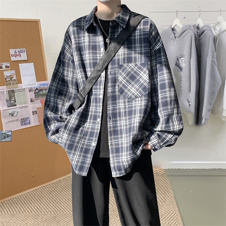 衬衫男秋季新款港风宽松大码磨毛格子长袖衬衣CS601-特P27，男装衬衫，星座214-3