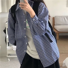 夏日韩版格子蓝色衬衫女宽松男友风衬衣宽松显瘦防晒开衫垂感外套，男装防晒衣，星座1210-1