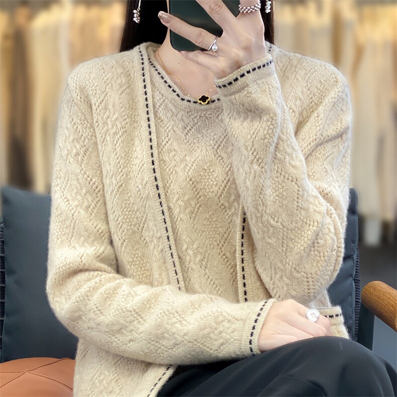 羊毛开衫女针织打底衫秋冬新款拼色长袖时尚羊绒外套,女装羊毛衫,蒙莲贝斯