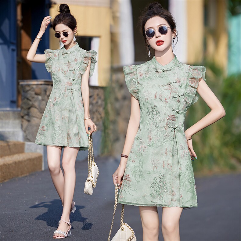 时尚套装女连衣裙气质2024夏季新款国风新中式盘扣短裤两件套，女装套装/套裙，布芭啦