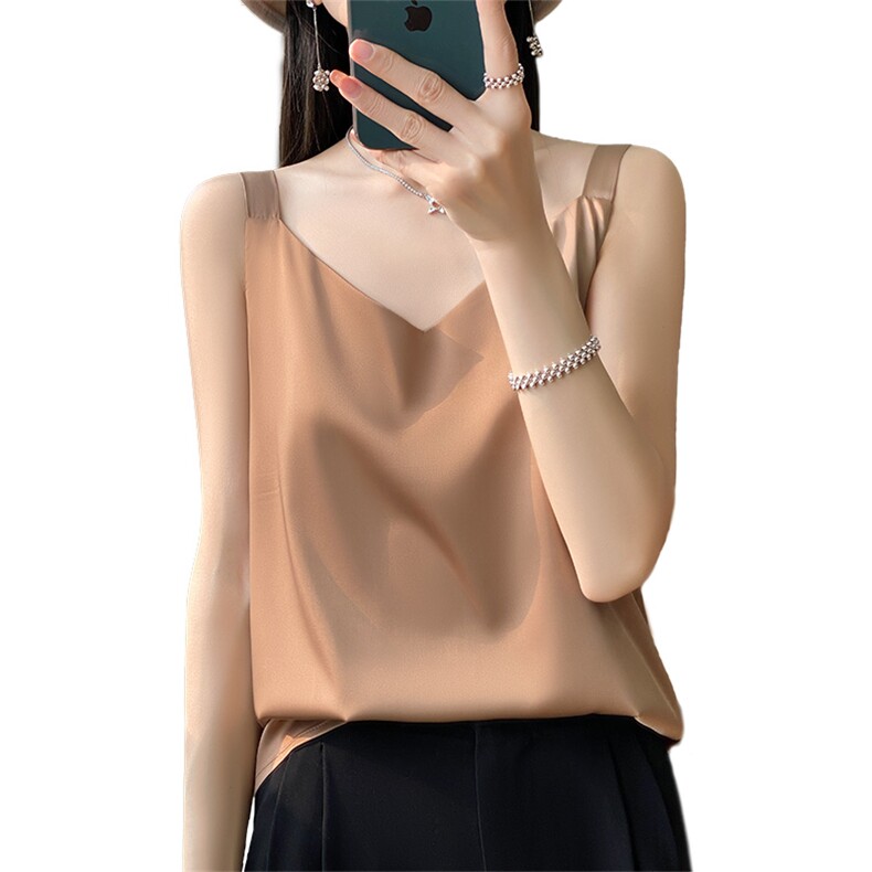法式缎面显瘦V领外穿吊带背心女夏内搭打底短款上衣设计感小众,女装背心吊带,绒宛羊绒