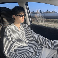 美式高街千鸟格子长袖T恤男女亨利V领英伦雅痞休闲宽松长袖打底衫，男装T恤，电商A443