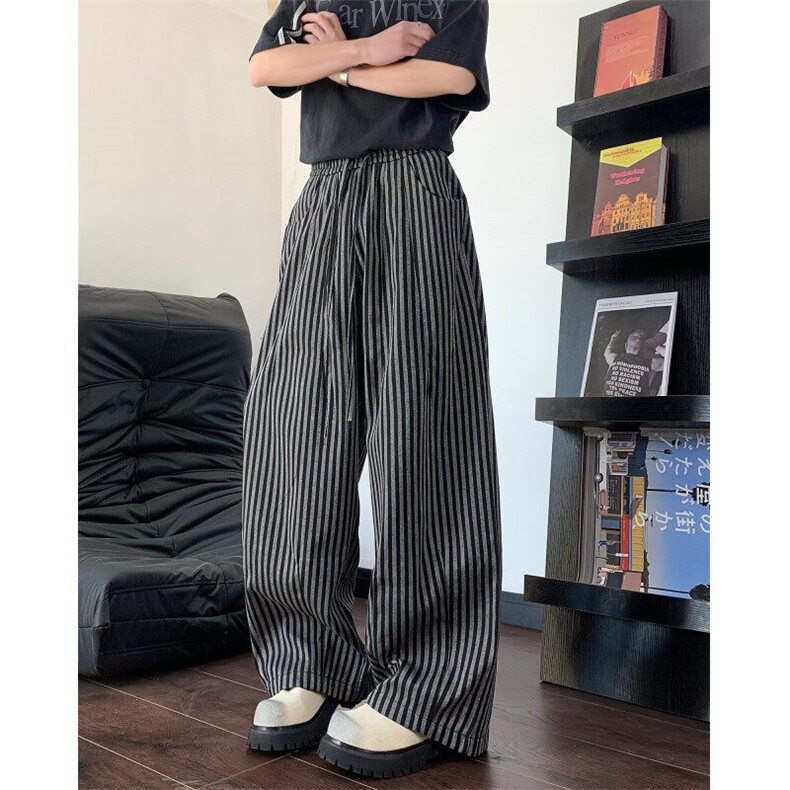 复古条纹慵懒宽松垂感休闲阔腿裤男女直筒高级感拖地裤4877P47，男装休闲裤，星座410-2