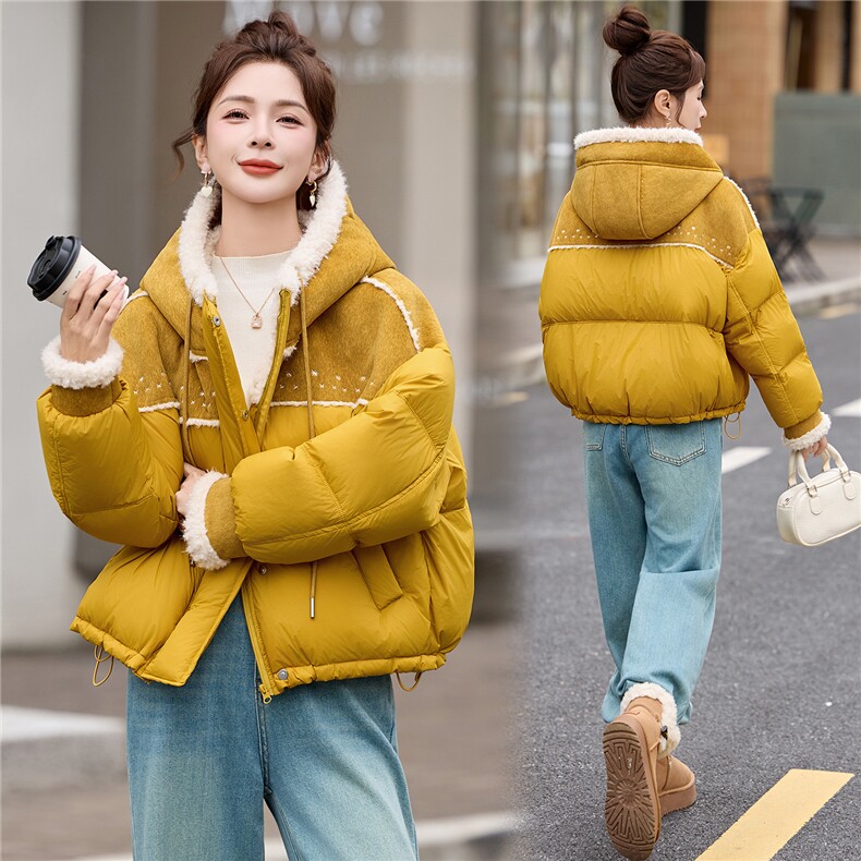 【现货现货】冬季新款黄色拼接连帽羽绒服短款2025羊羔毛拼接外套，女装羽绒服，一安秀