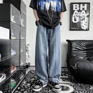夏季潮牌ins宽松阔腿裤拼接直筒长裤美式高街牛仔裤男 K3401-P38图片