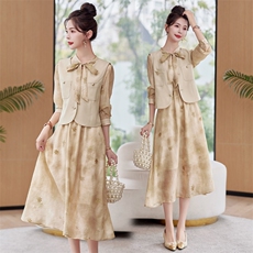 长袖连衣裙2024春秋新款高端精致小香风气质马甲扎染衬衫裙裙，女装连衣裙，韩蜜菓