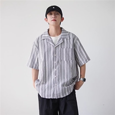 夏天日系古巴领小格子衬衫男女生学院风短袖小清新休闲宽松衬衣潮，男装T恤，星座1210-1