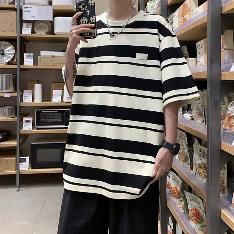 条纹短袖T恤男夏季宽松休闲情侣装2023简约圆领上衣T006-P32,男装T恤,星座308B-1