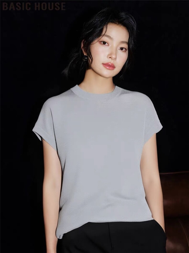 亮丝轻薄透气冰丝针织短袖T恤上衣女2025夏季纯色,女装T恤,绒崒