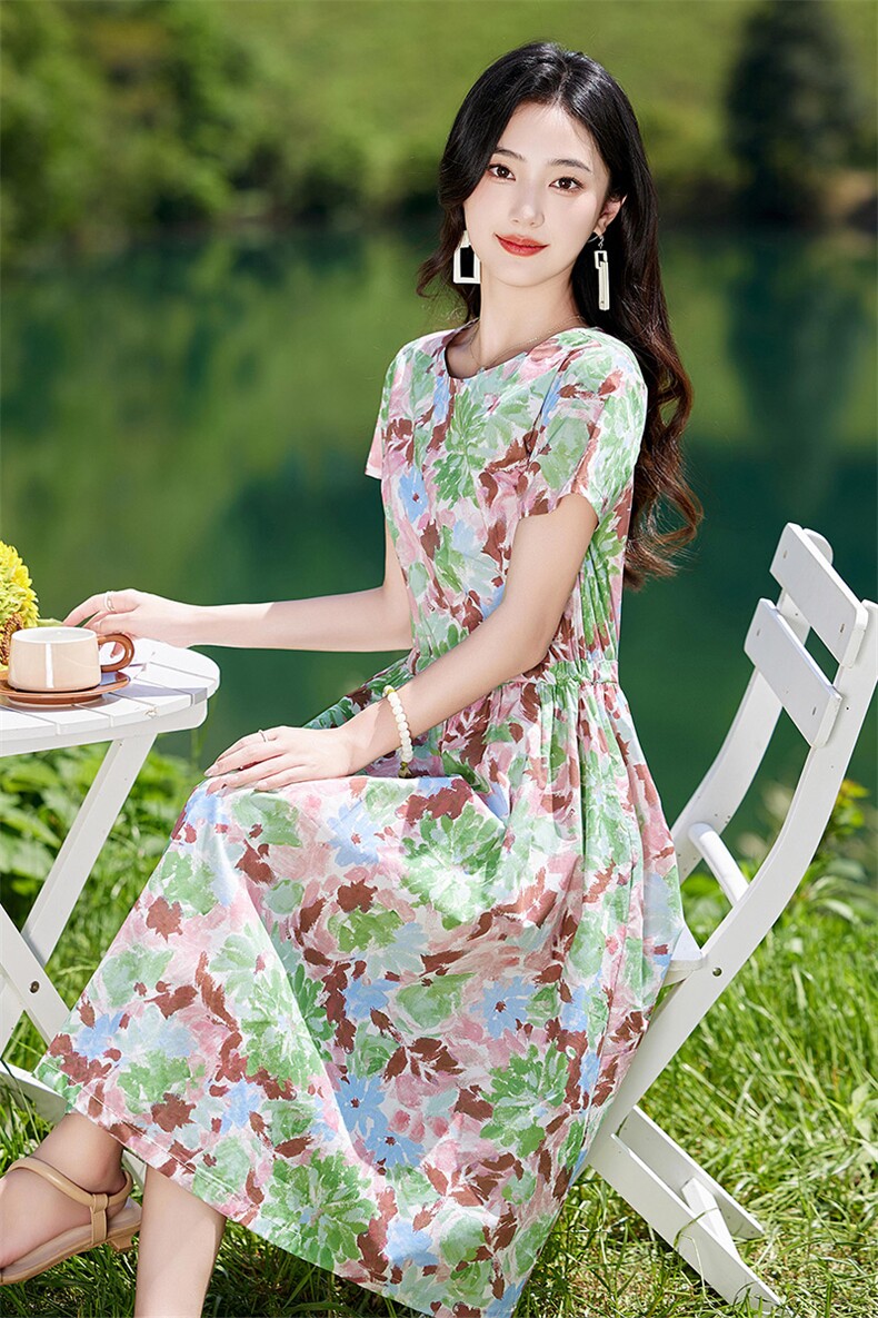 夏季薄款短袖纯棉印花连衣裙女2026新款洋气减龄休闲气质显瘦裙子,女装连衣裙,倪叶myz