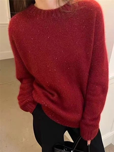 女半圆领法式慵懒风闪烁爱心针织亮丝长袖图片