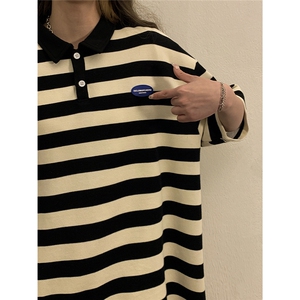 1中性风大码M-5XL美式条纹polo衫女翻领短袖T恤男DP8761P40控59图片