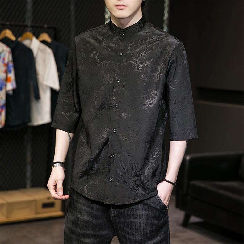 风立领衬衣时尚潮流衫短袖夏季提花休闲T2112-P55，男装T恤，电商A227