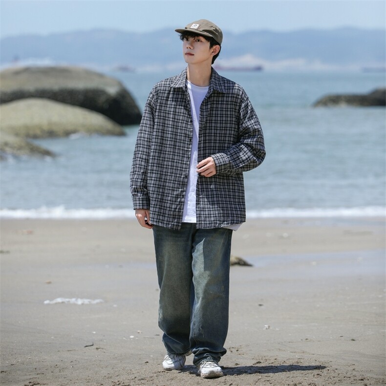 潮流格子衬衫男港风休闲长袖外套青少年男装2377P35,男装衬衫,星座1107-1