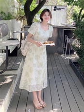 新中式给g风盘扣印花收腰连衣裙，女装连衣裙，采品优优