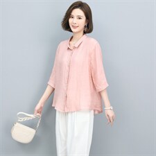 高端苎麻衬衫女夏季2024新款棉麻风上衣中年妈妈洋气减龄漂亮小衫，女装衬衫，奕阳依阁