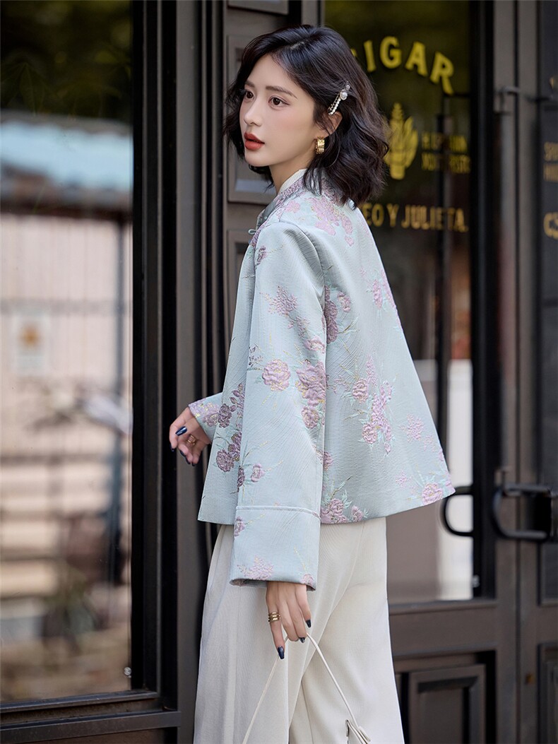 蓝色温柔撞色刺绣提花短外套女春秋新款中式风漂亮上衣,女装短外套,水衣源