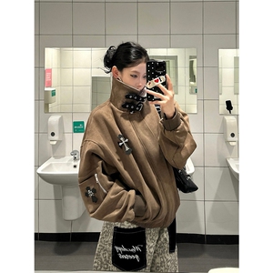 美式十字架贴皮刺绣翻领外套2026新款男女潮牌宽松撞色拼接夹克图片