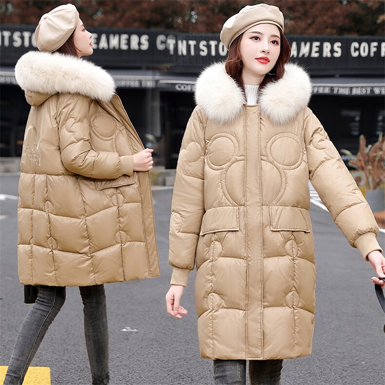 现货2023年女装宽松休闲工艺走线精美刺绣羽绒棉棉衣送高仿大毛领图片