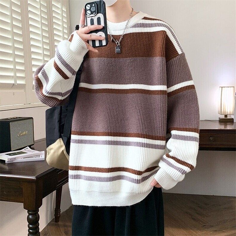 84671-P65条纹男宽松慵懒风加厚情侣潮牌毛衣拼色针织衫外套,男装针织衫/毛衣,电商D310B