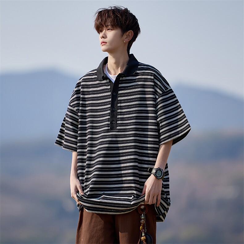 大码条纹撞色翻领纽扣宽松短袖T恤POLO衫225-2-8801-P45控65，男装T恤，星座225-2