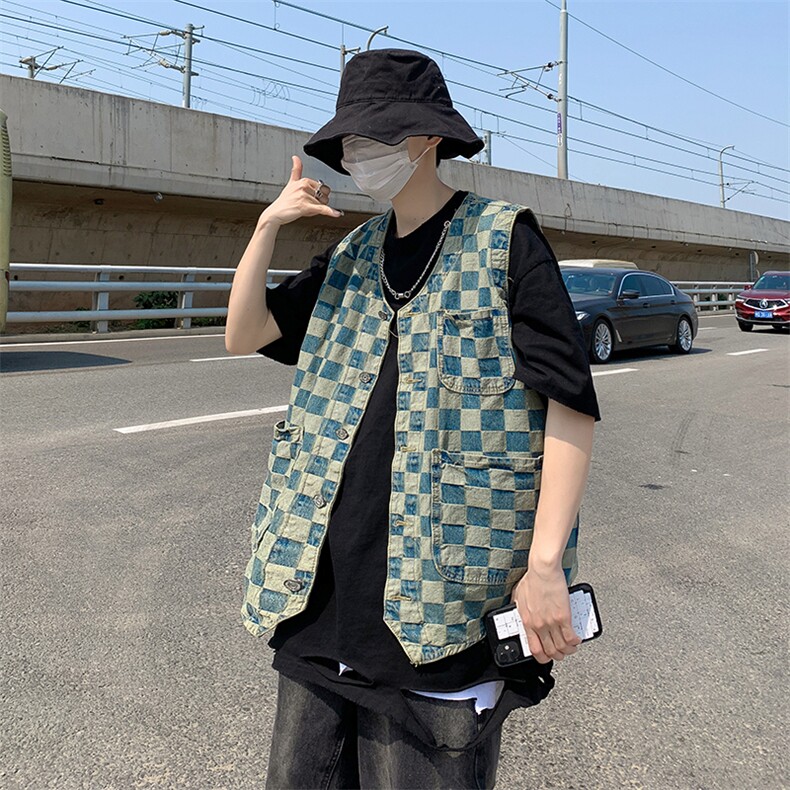 2021港风韩版ins复古格子工装牛仔马甲宽松背心外套潮W941-P30,男装背心/马甲,星座512-2